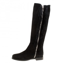 Le Silla Black Suede Fringe Trim Knee Length Boots Size 37.5