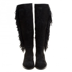 Le Silla Black Suede Fringe Trim Knee Length Boots Size 37.5