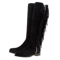 Le Silla Black Suede Fringe Trim Knee Length Boots Size 37.5