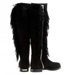 Le Silla Black Suede Fringe Trim Knee Length Boots Size 37.5