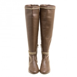 Pre Owned Le Silla Dark Beige Leather Chain Detail Knee High Boots Size 40