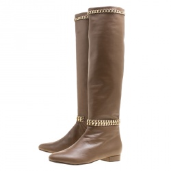 Pre Owned Le Silla Dark Beige Leather Chain Detail Knee High Boots Size 40