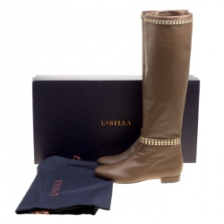 Pre Owned Le Silla Dark Beige Leather Chain Detail Knee High Boots Size 40
