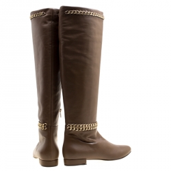 Le Silla Brown Leather Chain Detail Knee High Boots Size 38.5