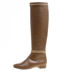 Le Silla Brown Leather Chain Detail Knee High Boots Size 38.5