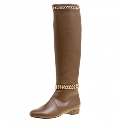 Le Silla Brown Leather Chain Detail Knee High Boots Size 38.5