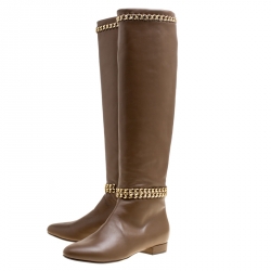 Le Silla Brown Leather Chain Detail Knee High Boots Size 38.5