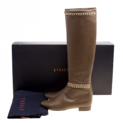 Le Silla Brown Leather Chain Detail Knee High Boots Size 38.5