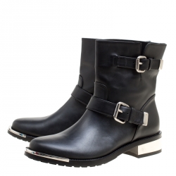 Pre Owned Le Silla Black Leather Buckle Detail Ankle Boots Size 40