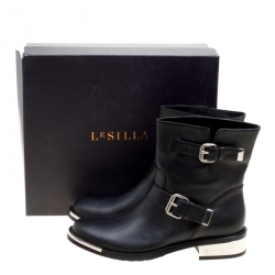 Pre Owned Le Silla Black Leather Buckle Detail Ankle Boots Size 40