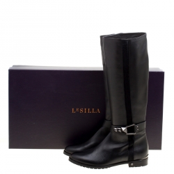 Pre Owned Le Silla Black Leather And Pony Hair Trim Knee High Boots Size 38