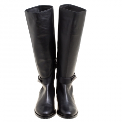 Pre Owned Le Silla Black Leather And Pony Hair Trim Knee High Boots Size 38