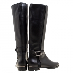 Pre Owned Le Silla Black Leather And Pony Hair Trim Knee High Boots Size 38