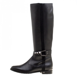 Pre Owned Le Silla Black Leather And Pony Hair Trim Knee High Boots Size 38