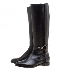 Pre Owned Le Silla Black Leather And Pony Hair Trim Knee High Boots Size 38