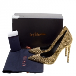 Enio Silla For Le Silla Metallic Gold Crystal Embellished Suede Pointed Toe Pumps Size 40
