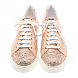 Pre Owned Le Silla Peach Crystal Embellished Leather Lace Up Platform Sneakers Size 39