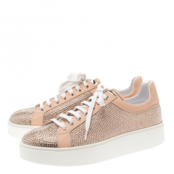 Pre Owned Le Silla Peach Crystal Embellished Leather Lace Up Platform Sneakers Size 39