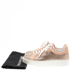 Pre Owned Le Silla Peach Crystal Embellished Leather Lace Up Platform Sneakers Size 39