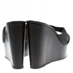 Pre Owned Le Silla Black Crystal Embellished Cross Strap Python Print Wedge Platform Slides Size 41