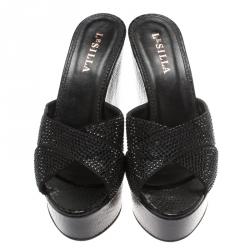 Pre Owned Le Silla Black Crystal Embellished Cross Strap Python Print Wedge Platform Slides Size 41
