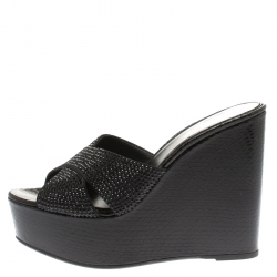 Pre Owned Le Silla Black Crystal Embellished Cross Strap Python Print Wedge Platform Slides Size 41