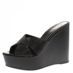Pre Owned Le Silla Black Crystal Embellished Cross Strap Python Print Wedge Platform Slides Size 41