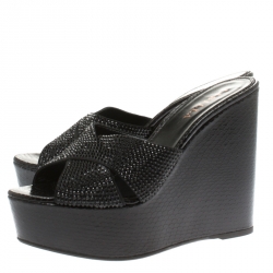 Pre Owned Le Silla Black Crystal Embellished Cross Strap Python Print Wedge Platform Slides Size 41