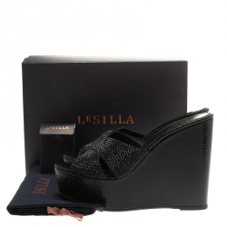 Pre Owned Le Silla Black Crystal Embellished Cross Strap Python Print Wedge Platform Slides Size 41