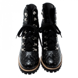 Le Silla St.Moritz Black Quilted Leather Block Heel Trekking Boots Size 40