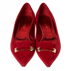 Pre Owned Le Silla Red Suede Safety Pin Brooch Pointed Toe Ballet Flats Size 40