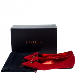 Pre Owned Le Silla Red Suede Safety Pin Brooch Pointed Toe Ballet Flats Size 40
