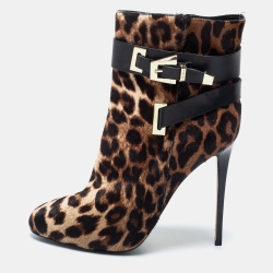 Pre Owned Le Silla Brown Leopard Printed Calf Hair Ankle Boots Size 40