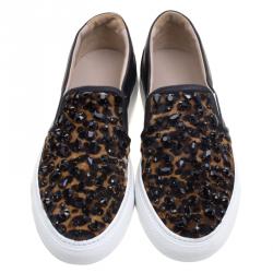 Pre Owned Le Silla Black Leopard Print Pony Hair Jaguar Crystal Embellished Slip On Sneakers Size 41