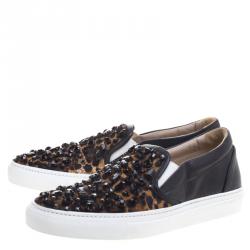 Pre Owned Le Silla Black Leopard Print Pony Hair Jaguar Crystal Embellished Slip On Sneakers Size 41