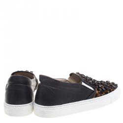 Pre Owned Le Silla Black Leopard Print Pony Hair Jaguar Crystal Embellished Slip On Sneakers Size 41