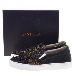 Pre Owned Le Silla Black Leopard Print Pony Hair Jaguar Crystal Embellished Slip On Sneakers Size 41