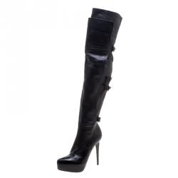Pre Owned Le Silla Black Stretch Nappa Leather Over The Knee Platform Boots Size 38.5