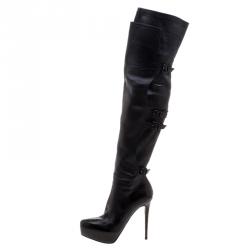 Pre Owned Le Silla Black Stretch Nappa Leather Over The Knee Platform Boots Size 38.5