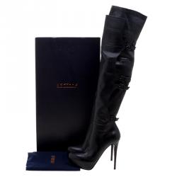 Pre Owned Le Silla Black Stretch Nappa Leather Over The Knee Platform Boots Size 38.5
