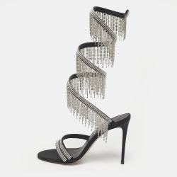 Pre Owned Le Silla Black Satin Crystal Embellished Jewels Ankle Wrap Sandals Size 39
