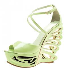 Pre Owned Le Silla Pistachio Green Patent Leather Butterfly Wedge Sandals Size 38.5