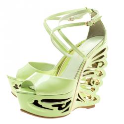 Pre Owned Le Silla Pistachio Green Patent Leather Butterfly Wedge Sandals Size 38.5