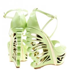 Pre Owned Le Silla Pistachio Green Patent Leather Butterfly Wedge Sandals Size 38.5