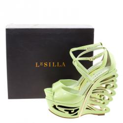 Pre Owned Le Silla Pistachio Green Patent Leather Butterfly Wedge Sandals Size 38.5