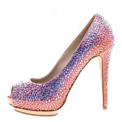 Pre Owned Le Silla Pink Satin and Crystal Embellishment Limited Edition Peep Toe Pumps Size 36