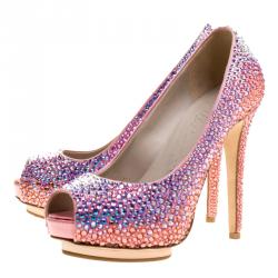 Pre Owned Le Silla Pink Satin and Crystal Embellishment Limited Edition Peep Toe Pumps Size 36