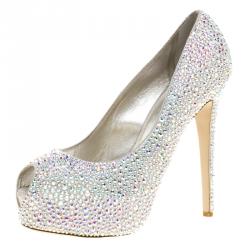 Pre Owned Le Silla Grey Crystal Embellished Leather Peep Toe Platform Pumps Size 38
