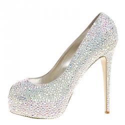 Pre Owned Le Silla Grey Crystal Embellished Leather Peep Toe Platform Pumps Size 38