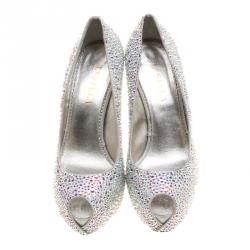Pre Owned Le Silla Grey Crystal Embellished Leather Peep Toe Platform Pumps Size 38